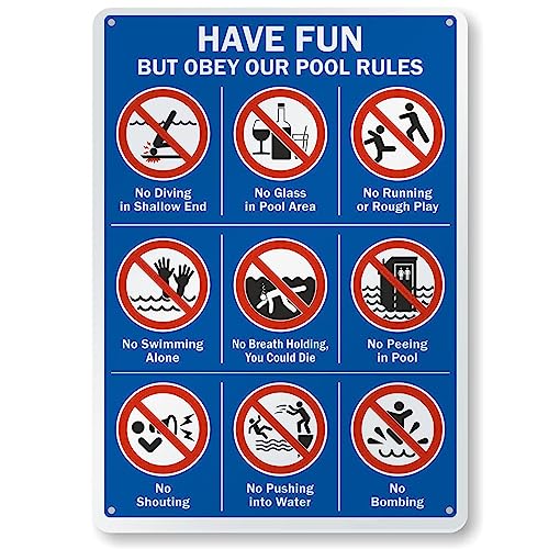 CDXHOME Swimming Pool Rules Metallschild – "Have Fun But Obey Our Pool Rules" – Pool-Warnschild – Rostfreies Aluminium, UV-, wasserdicht und wetterbeständig – 35,6 x 25,4 cm von CDXHOME