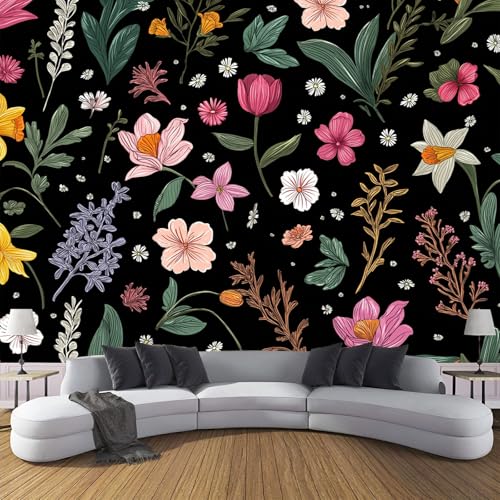 3D-Einfache Pflanzen Panorama-Tapete aus Seide,400×280 cm,Wildblumen Und Grüne Blätter große Wandbilder, Poster, Panorama-Wandteppich für Wohnzimmer, Erwachsene, Kinderzimmer Dekoration,Schwarz von CDXNORA