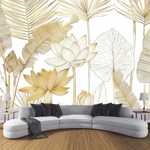 3D-Strichzeichnungen Panorama-Tapete aus Seide,200×140 cm,Goldfadenpflanzen Und -Blumen große Wandbilder, Poster, Panorama-Wandteppich für Wohnzimmer, Erwachsene, Kinderzimmer Dekoration,Weißgold von CDXNORA