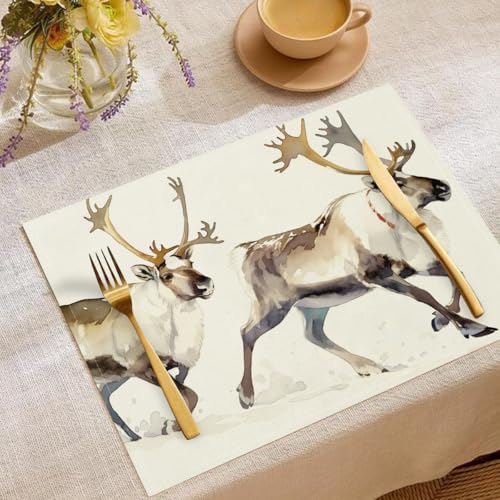 4 Stück Set Aquarell Tiere Platzsets, 30x45cm Küche Tisch Dekoration Urlaub Dekor Weiß Platzsets Waschbar Platzdeckchen Laufendes Rentier Baumwolle Leinen tischsets für Küche Party von CDXNORA