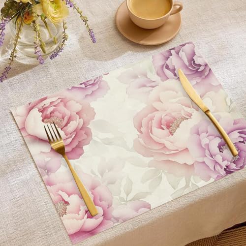 4 Stück Set Aquarellblumen Platzsets, 30x45cm Küche Tisch Dekoration Urlaub Dekor Rosa Platzsets Waschbar Platzdeckchen Schöne Pfingstrose Baumwolle Leinen tischsets für Küche Party von CDXNORA