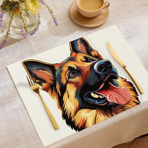 4 Stück Set Cartoon-Tiere Platzsets, 30x45cm Küche Tisch Dekoration Urlaub Dekor Weiß Braun Platzsets Waschbar Platzdeckchen Schäferhund Baumwolle Leinen tischsets für Küche Party von CDXNORA