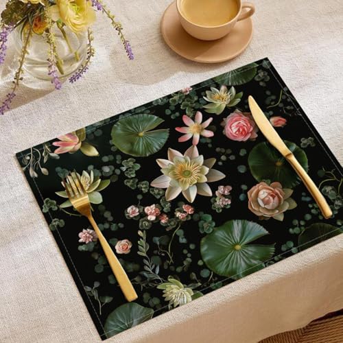 4 Stück Set Fantasiepflanzen Platzsets, 30x45cm Küche Tisch Dekoration Urlaub Dekor Grün Rosa Platzsets Waschbar Platzdeckchen Seerosenblüten Baumwolle Leinen tischsets für Küche Party von CDXNORA