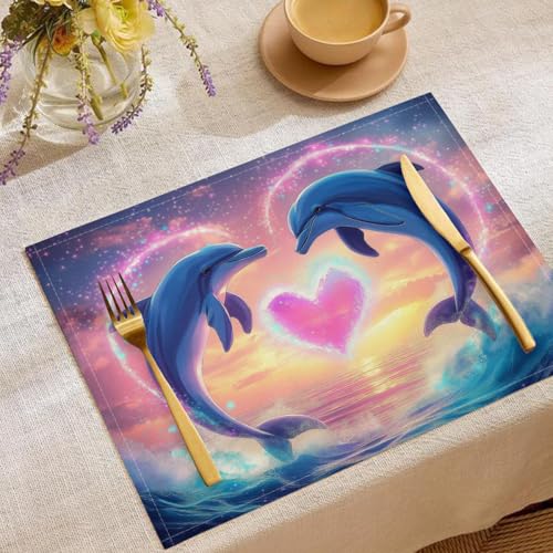 4 Stück Set Fantasy-Kunststil Platzsets, 30x45cm Küche Tisch Dekoration Urlaub Dekor Blau Rosa Platzsets Waschbar Platzdeckchen Liebe Delfin Baumwolle Leinen tischsets für Küche Party von CDXNORA