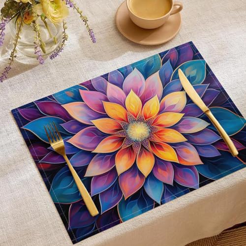 4 Stück Set Geometrische Blumen Platzsets, 30x45cm Küche Tisch Dekoration Urlaub Dekor Blau Lila Platzsets Waschbar Platzdeckchen Abstrakte Blumen Baumwolle Leinen tischsets für Küche Party von CDXNORA
