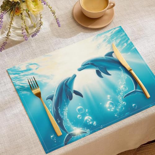 4 Stück Set Meereslebewesen Platzsets, 30x45cm Küche Tisch Dekoration Urlaub Dekor Blau Platzsets Waschbar Platzdeckchen Seifenblasen-Delfin Baumwolle Leinen tischsets für Küche Party von CDXNORA