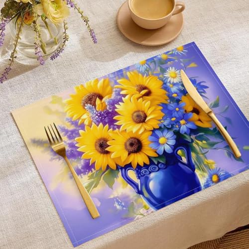 4 Stück Set Ölgemälde Blumen Platzsets, 30x45cm Küche Tisch Dekoration Urlaub Dekor Lila Gelb Platzsets Waschbar Platzdeckchen Vase Mit Sonnenblumen Baumwolle Leinen tischsets für Küche Party von CDXNORA