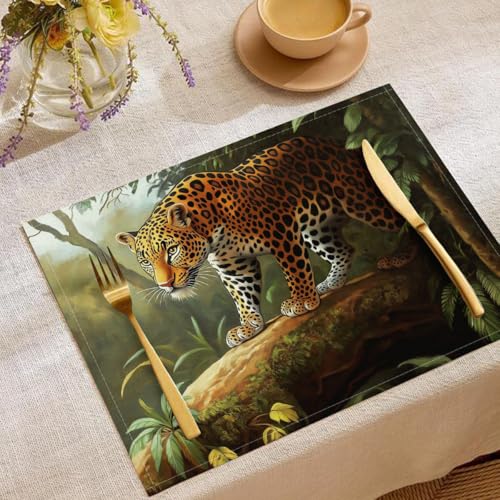 4 Stück Set Ölgemälde Tiere Platzsets, 30x45cm Küche Tisch Dekoration Urlaub Dekor Grün Braun Platzsets Waschbar Platzdeckchen Dschungelleopard Baumwolle Leinen tischsets für Küche Party von CDXNORA