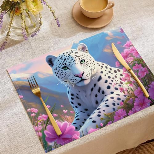 4 Stück Set Tierlandschaft Platzsets, 30x45cm Küche Tisch Dekoration Urlaub Dekor Blau Weiß Platzsets Waschbar Platzdeckchen Weiße Leopardenberge Baumwolle Leinen tischsets für Küche Party von CDXNORA