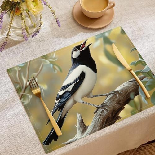 4 Stück Set Tierwelt Platzsets, 30x45cm Küche Tisch Dekoration Urlaub Dekor Gelb Platzsets Waschbar Platzdeckchen Elster Auf Einem AST Baumwolle Leinen tischsets für Küche Party von CDXNORA
