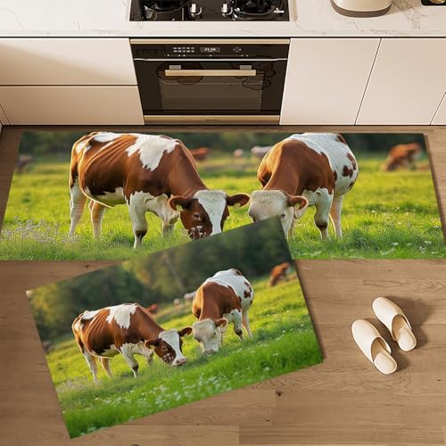 CDXNORA 2-Teiliges Küchenteppich - Küchenläufer Landschaft, Küchenteppich Waschbar rutschfest, Teppich Für Küche, Ecke, Vor Dem Bett,(Grasland Kuh 43×75 cm+43×150 cm) von CDXNORA