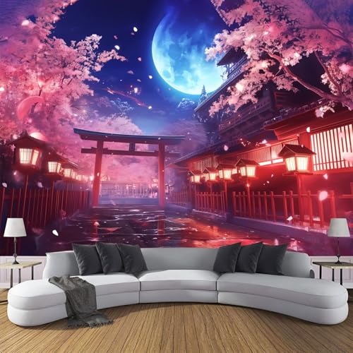 CDXNORA 3D Anime-Stil Seidentapete Panorama,350×256cm Kirschblütennachtansicht große Wandbilder XXL Poster für Wohnzimmer, Erwachsene, Kinderzimmer, Arbeitszimmer, Dekoration, Rot von CDXNORA