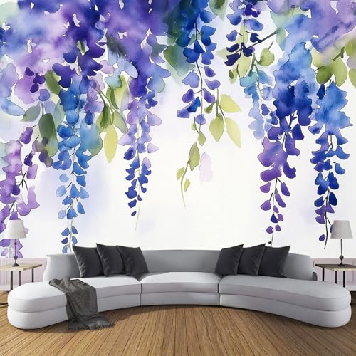 CDXNORA 3D Aquarellblumen Seidentapete Panorama,350×256cm Glyzinien große Wandbilder XXL Poster für Wohnzimmer, Erwachsene, Kinderzimmer, Arbeitszimmer, Dekoration, Blau Lila von CDXNORA