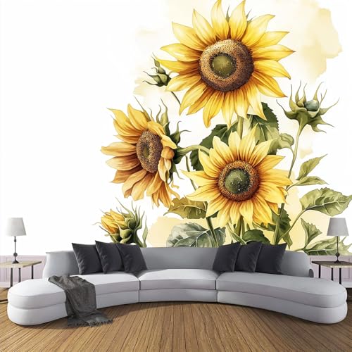 CDXNORA 3D Aquarellblumen Seidentapete Panorama,350×256cm Sonnenblume große Wandbilder XXL Poster für Wohnzimmer, Erwachsene, Kinderzimmer, Arbeitszimmer, Dekoration, Weiß Gelb von CDXNORA