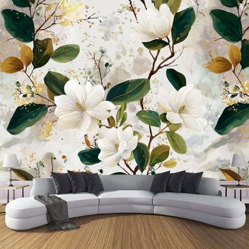 CDXNORA 3D-Aquarellpflanzen Panorama-Tapete aus Seide,300×210 cm,Magnolie große Wandbilder, Poster, Panorama-Wandteppich für Wohnzimmer, Erwachsene, Kinderzimmer Dekoration,Weiß von CDXNORA