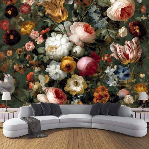 CDXNORA 3D-Barockstil Panorama-Tapete aus Seide,300×210 cm,Bunte Blumen große Wandbilder, Poster, Panorama-Wandteppich für Wohnzimmer, Erwachsene, Kinderzimmer Dekoration,Bunt von CDXNORA