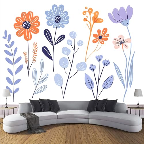 CDXNORA 3D Einfache Pflanzen Seidentapete Panorama,350×256cm Graffiti-Blumen große Wandbilder XXL Poster für Wohnzimmer, Erwachsene, Kinderzimmer, Arbeitszimmer, Dekoration, Blau Orange von CDXNORA