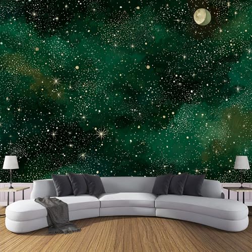 CDXNORA 3D-Fantasie Panorama-Tapete aus Seide,300×210 cm,Sternenhimmel große Wandbilder, Poster, Panorama-Wandteppich für Wohnzimmer, Erwachsene, Kinderzimmer Dekoration,Dunkelgrün von CDXNORA