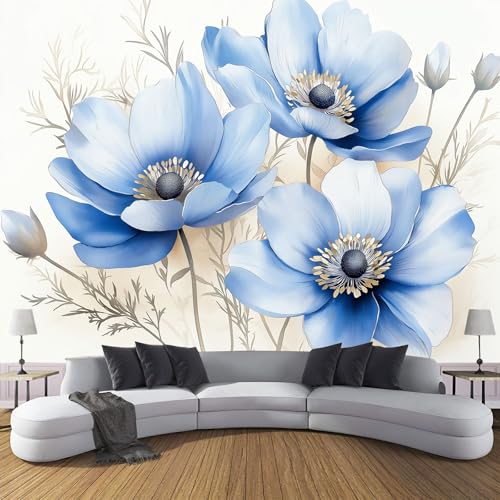 CDXNORA 3D Frühlingsblumen Seidentapete Panorama,350×256cm Aquarell Blaue Blumen große Wandbilder XXL Poster für Wohnzimmer, Erwachsene, Kinderzimmer, Arbeitszimmer, Dekoration, Weiß von CDXNORA