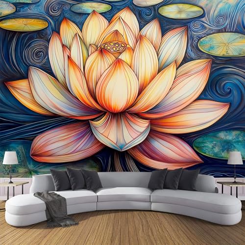 CDXNORA 3D Jugendstil Seidentapete Panorama,350×256cm Schöner Lotus große Wandbilder XXL Poster für Wohnzimmer, Erwachsene, Kinderzimmer, Arbeitszimmer, Dekoration, Blau Gelb von CDXNORA