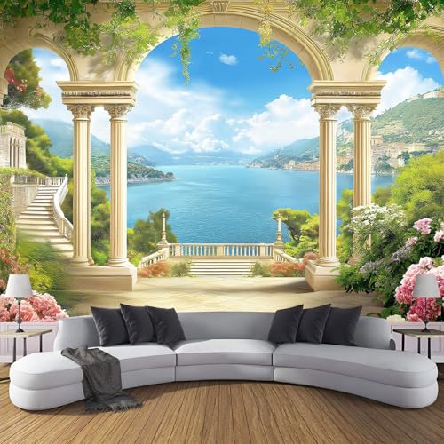 CDXNORA 3D Küstenlandschaft Seidentapete Panorama,350×256cm Bogenmeer große Wandbilder XXL Poster für Wohnzimmer, Erwachsene, Kinderzimmer, Arbeitszimmer, Dekoration, Blaugrün von CDXNORA