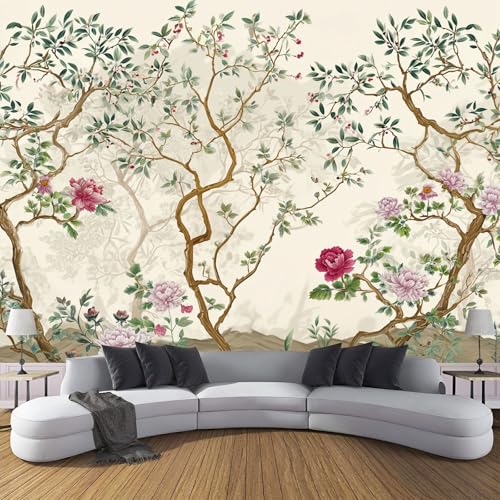 CDXNORA 3D Kunststil Seidentapete Panorama,350×256cm Bäume Blumen Vögel große Wandbilder XXL Poster für Wohnzimmer, Erwachsene, Kinderzimmer, Arbeitszimmer, Dekoration, Hellgelb von CDXNORA