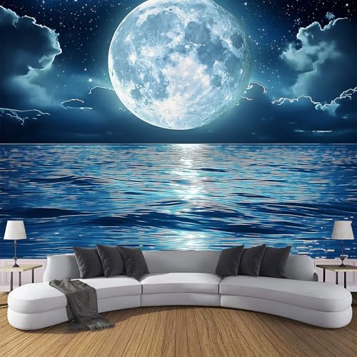 CDXNORA 3D Meereslandschaft Seidentapete Panorama,350×256cm Vollmond Sternenhimmel große Wandbilder XXL Poster für Wohnzimmer, Erwachsene, Kinderzimmer, Arbeitszimmer, Dekoration, Dunkelblau von CDXNORA