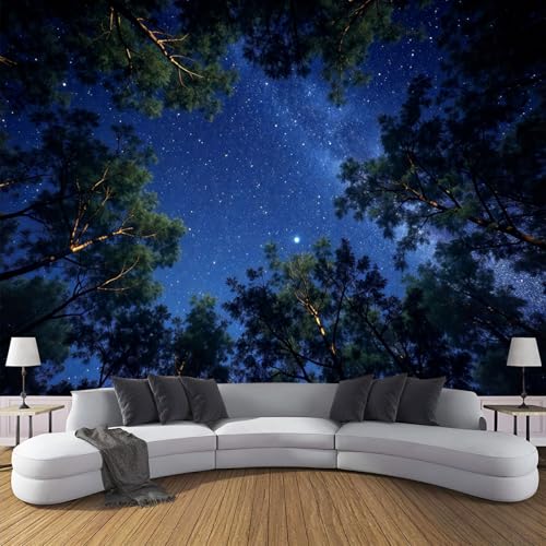 CDXNORA 3D-Nachtlandschaft Panorama-Tapete aus Seide,150×105 cm,Bäume Mit Sternenhimmel große Wandbilder, Poster, Panorama-Wandteppich für Wohnzimmer, Erwachsene, Kinderzimmer Dekoration,Blau von CDXNORA