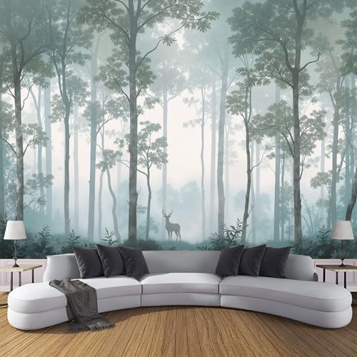 CDXNORA 3D-Nebelwald Panorama-Tapete aus Seide,250×175 cm,Bäume Hirsch große Wandbilder, Poster, Panorama-Wandteppich für Wohnzimmer, Erwachsene, Kinderzimmer Dekoration,Blaugrün von CDXNORA