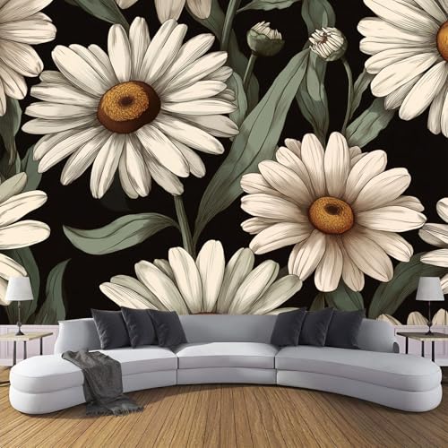 CDXNORA 3D-Retro-Pflanzen Panorama-Tapete aus Seide,200×140 cm,Gänseblümchen große Wandbilder, Poster, Panorama-Wandteppich für Wohnzimmer, Erwachsene, Kinderzimmer Dekoration,Schwarz Und Weiß von CDXNORA