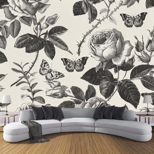 CDXNORA 3D-Retro-Pflanzen Panorama-Tapete aus Seide,400×280 cm,Rosenschmetterling große Wandbilder, Poster, Panorama-Wandteppich für Wohnzimmer, Erwachsene, Kinderzimmer Dekoration,Elfenbein von CDXNORA