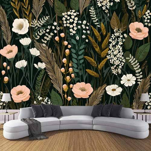 CDXNORA 3D-Retro-Pflanzen Panorama-Tapete aus Seide,400×280 cm,Wildblumen große Wandbilder, Poster, Panorama-Wandteppich für Wohnzimmer, Erwachsene, Kinderzimmer Dekoration,Dunkelgrün von CDXNORA