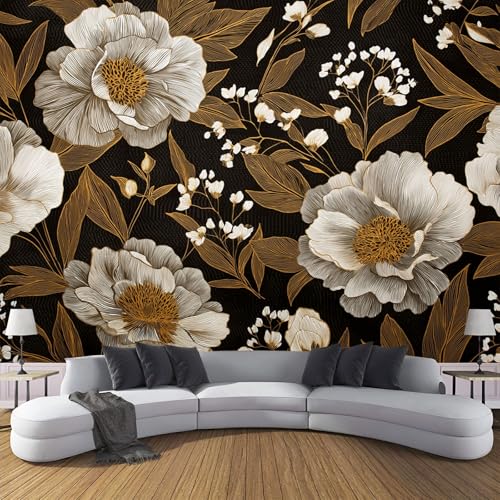 CDXNORA 3D Retro-Pflanzen Seidentapete Panorama,350×256cm Pfingstrose große Wandbilder XXL Poster für Wohnzimmer, Erwachsene, Kinderzimmer, Arbeitszimmer, Dekoration, Weiß Braun von CDXNORA