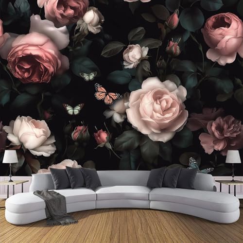 CDXNORA 3D-Romantische Blumen Panorama-Tapete aus Seide,150×105 cm,Rosenschmetterling große Wandbilder, Poster, Panorama-Wandteppich für Wohnzimmer, Erwachsene, Kinderzimmer Dekoration,Grün Rosa von CDXNORA