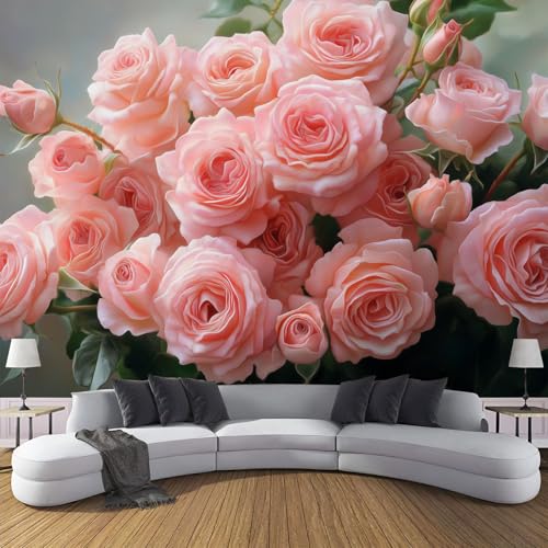 CDXNORA 3D Romantische Blumen Seidentapete Panorama,350×256cm Rosa Rose große Wandbilder XXL Poster für Wohnzimmer, Erwachsene, Kinderzimmer, Arbeitszimmer, Dekoration, Rosa Grün von CDXNORA