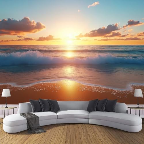 CDXNORA 3D Strandlandschaft Seidentapete Panorama,350×256cm Sonnenuntergangswellen große Wandbilder XXL Poster für Wohnzimmer, Erwachsene, Kinderzimmer, Arbeitszimmer, Dekoration, Blau Orange von CDXNORA