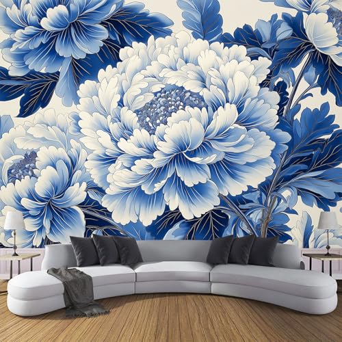 CDXNORA 3D Tintenblumen Seidentapete Panorama,350×256cm Blühende Pfingstrosen große Wandbilder XXL Poster für Wohnzimmer, Erwachsene, Kinderzimmer, Arbeitszimmer, Dekoration, Blau von CDXNORA