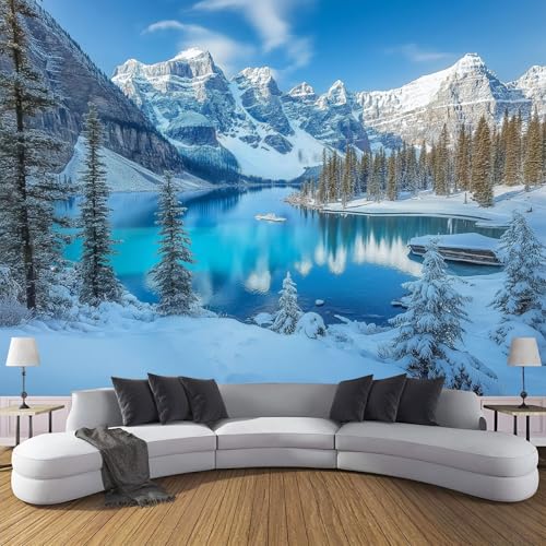 CDXNORA 3D Winterlandschaft Seidentapete Panorama,350×256cm Schneebedeckte Berge große Wandbilder XXL Poster für Wohnzimmer, Erwachsene, Kinderzimmer, Arbeitszimmer, Dekoration, Blau Weiß von CDXNORA