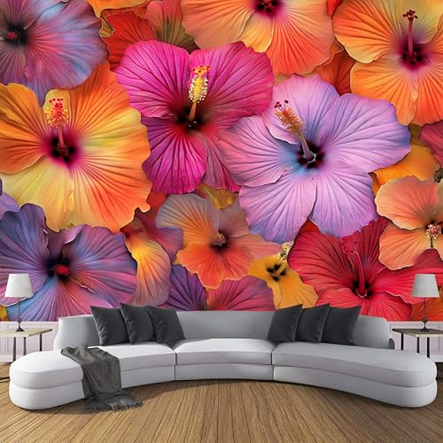 CDXNORA 3D Wunderschöne Blumen Seidentapete Panorama,350×256cm Hibiskus große Wandbilder XXL Poster für Wohnzimmer, Erwachsene, Kinderzimmer, Arbeitszimmer, Dekoration, Lila Orange von CDXNORA