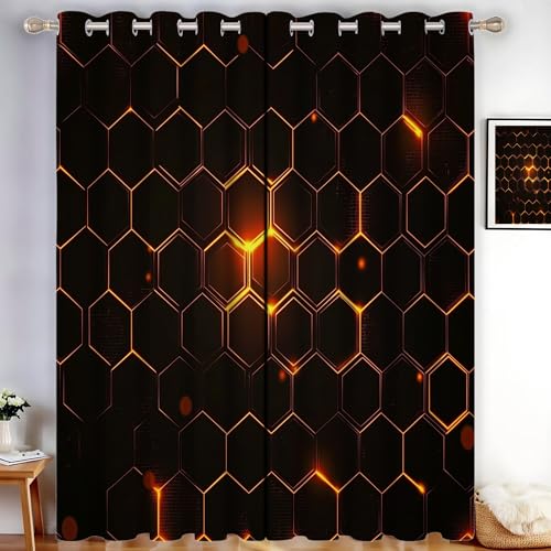 CDXNORA Abstrakt Verdunkelungsvorhänge - Hexagon Gardinen Deko Ösenvorhang Dekoschal Dekogardinen für Schlafzimmer Wohnzimmer H280 x B140 cm (2er Pack),Schwarz Orange von CDXNORA