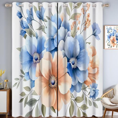 CDXNORA Aquarell Verdunkelungsvorhänge mit Ösen für Schlafzimmer H200 x B140 cm (2er Pack) Weiß Wohnzimmer Blickdicht Thermo Hitzeschutz Vorhänge,Blaue Pfirsichblüten von CDXNORA