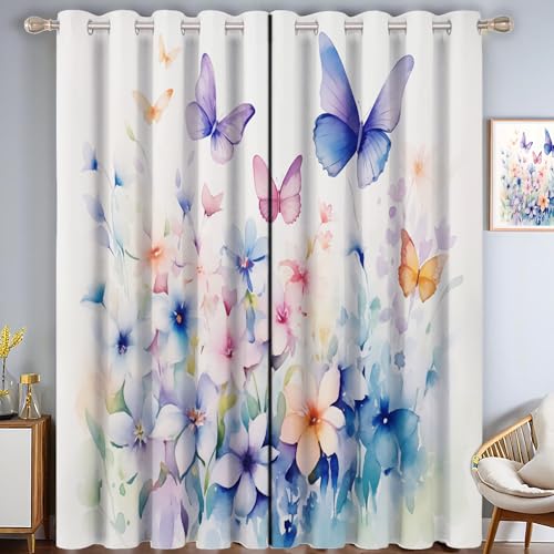 CDXNORA Aquarellblumen Verdunkelungsvorhänge mit Ösen für Schlafzimmer H245 x B140 cm (2er Pack) Weiß Wohnzimmer Blickdicht Thermo Hitzeschutz Vorhänge,Bunter Schmetterling von CDXNORA
