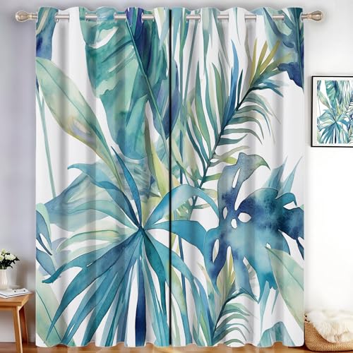 CDXNORA Aquarellpflanzen Verdunklungsvorhänge Gardinen, Blickdicht Vorhänge, Tropische Blaugrüne Blätter Thermovorhang Ösenschal Vorhang H200 x B140 cm (2er Pack), für Schlafzimmer und Wohnzimmer von CDXNORA
