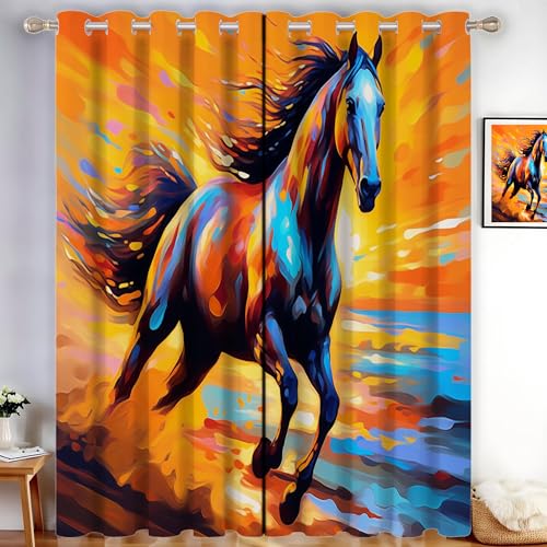 CDXNORA Blickdichte Gardinen mit Ölgemälde Tiere – H200 x B140 cm (2er Pack) Orange Farbe, Verdunkelungsvorhänge mit Ösen – für Wohnzimmer, Schlafzimmer, Laufendes Pferd von CDXNORA