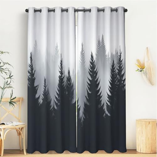 CDXNORA Blickdichter Vorhang Mit Ösen - Schwarz-Weiß-Wald Wärmeisolierte Verdunkelungsvorhänge, Abdunkelnde Vorhänge Für Wohnzimmer,Neblige Bäume,H137 X B117 cm (2Er Pack) von CDXNORA