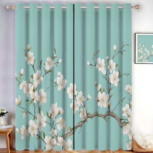 CDXNORA Chinesischer Stil Verdunkelungsvorhänge - Magnolienzweig Gardinen Deko Ösenvorhang Dekoschal Dekogardinen für Schlafzimmer Wohnzimmer H200 x B140 cm (2er Pack),Grün von CDXNORA
