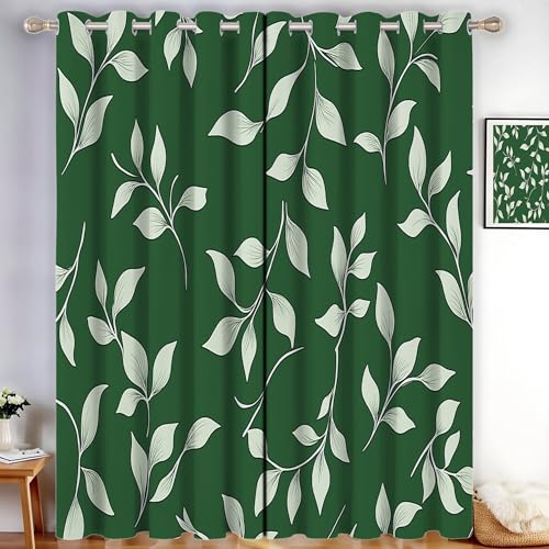 CDXNORA Einfache Pflanzen Verdunkelungsvorhänge - Weißes Blatt Gardinen Deko Ösenvorhang Dekoschal Dekogardinen für Schlafzimmer Wohnzimmer H175 x B140 cm (2er Pack),Smaragd von CDXNORA