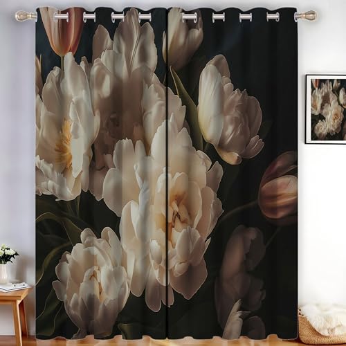 CDXNORA Fantasieblumen Verdunklungsvorhänge Weiß Und Schwarz Vorhänge Blickdicht H137 x B117 cm (2er Pack),Weiße Pfingstrosen Und Tulpen Gardinen Ösen Abdunkelnde Vorhänge Schlafzimmer Thermovorhang von CDXNORA