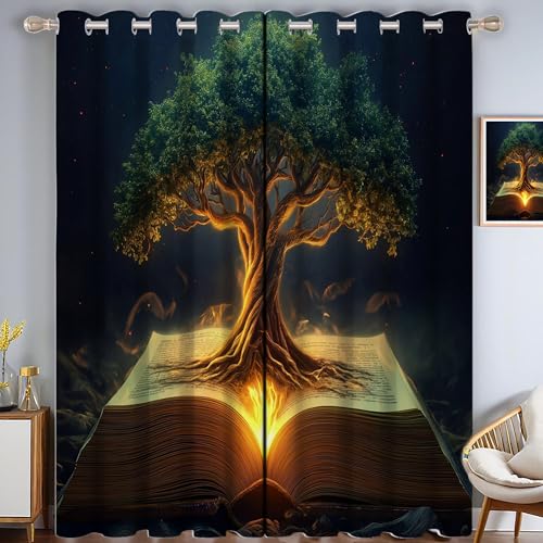 CDXNORA Fantasy-Stil Verdunklungsvorhänge Dunkelblau Vorhänge Blickdicht H200 x B140 cm (2er Pack),Buchseite Eiche Gardinen Ösen Abdunkelnde Vorhänge Schlafzimmer Thermovorhang von CDXNORA