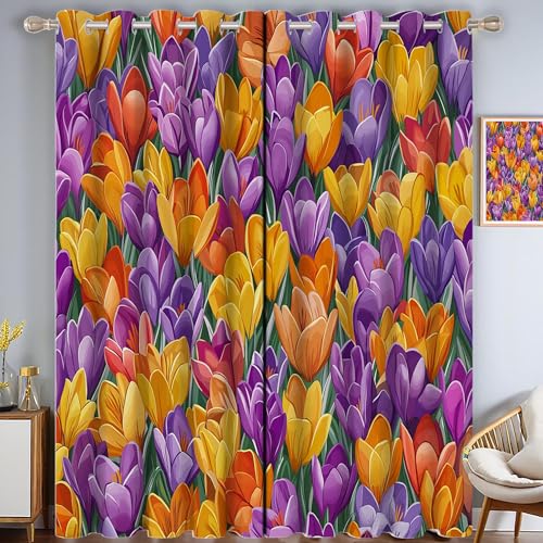 CDXNORA Frühlingslandschaft Verdunkelungsvorhänge mit Ösen für Schlafzimmer H245 x B140 cm (2er Pack) Wohnzimmer Blickdicht Thermo Hitzeschutz Vorhänge,Gelbe Und Violette Tulpen von CDXNORA
